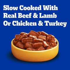 Pedigree High Protein Wet Dog Food soft-meat chunks, easy-to-chew texture for mature dogs.
