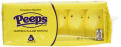 Peeps Marshmallow Chicks yellow packaging close-up, five pieces per box, ready for Easter gifting.