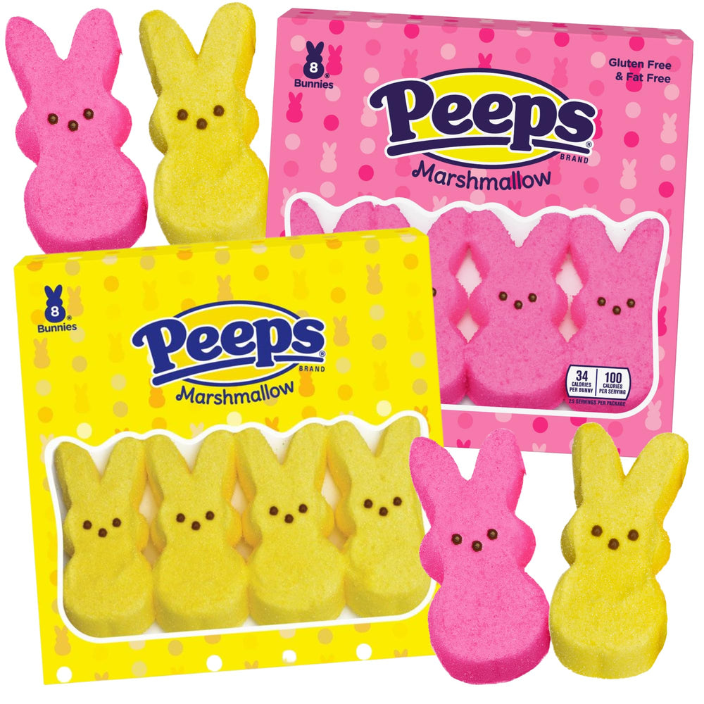Peeps pink and yellow Easter bunny marshmallows close-up, soft texture ideal for baskets