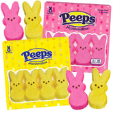 Peeps pink and yellow Easter bunny marshmallows close-up, soft texture ideal for baskets