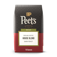 Peet's Coffee Decaf House Blend bag on a kitchen counter, highlighting freshness.
