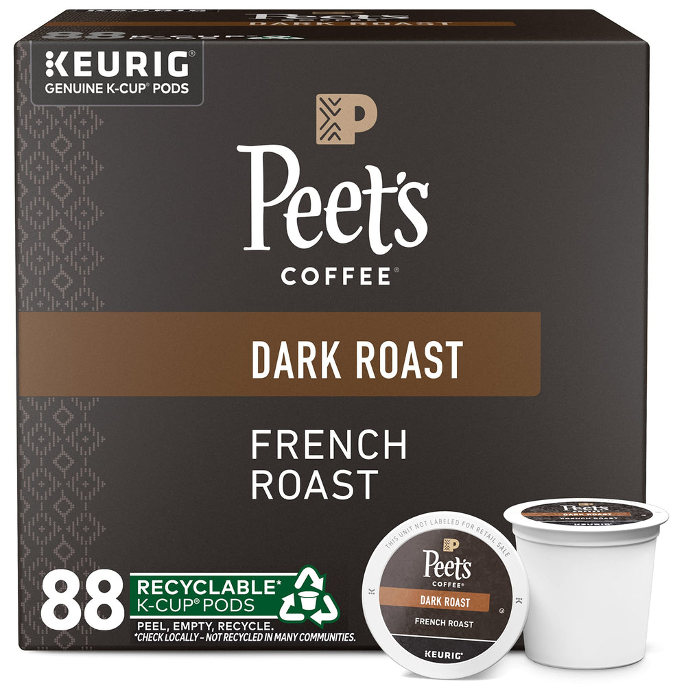 Peet's Coffee French Roast box of 88 K-Cup pods on a shelf for bold home brewing