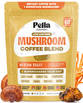 Pella Nutrition Low-Caffeine Mushroom Coffee bottle label for keto-friendly daily ritual.