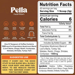Pella Nutrition mushroom coffee steaming cup inviting energized focus without jitters.