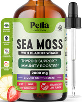 Pella Nutrition Sea Moss Drops Strawberry Lime bottle on kitchen counter for daily wellness