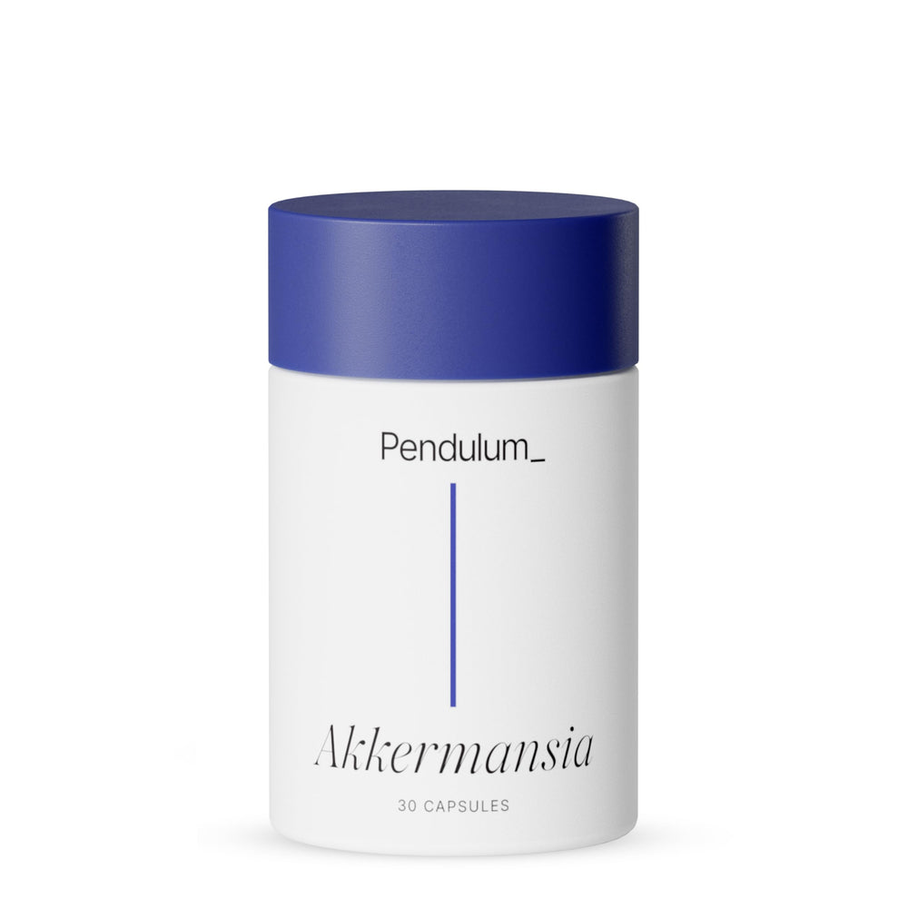 Pendulum Akkermansia probiotic bottle with capsules for gut health support.