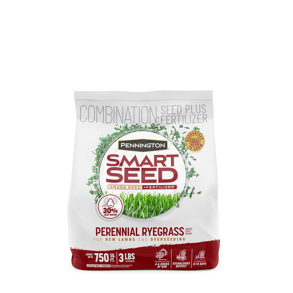 Pennington Smart Seed Perennial Ryegrass seed bag close-up showing reliable germination