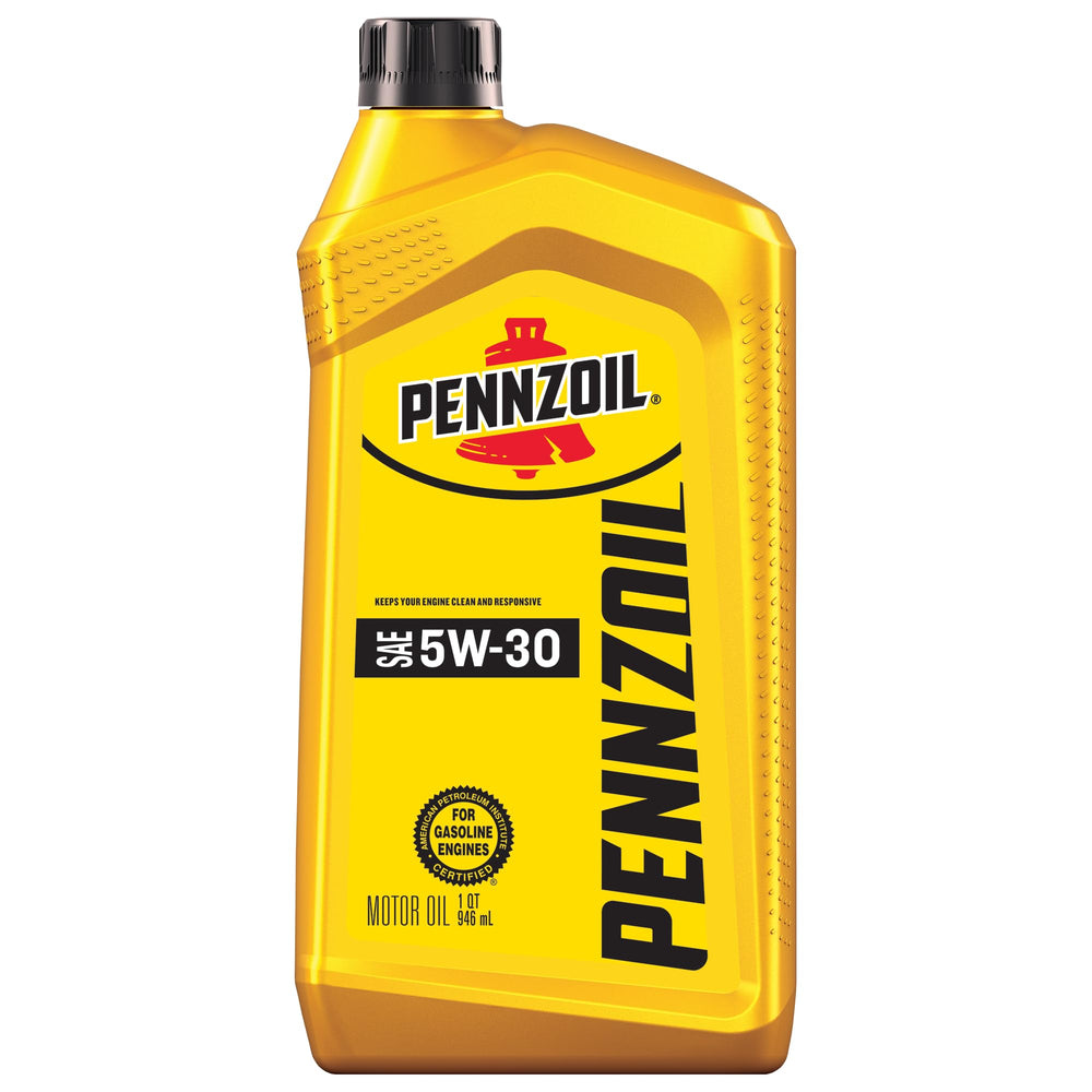 Pennzoil 5W-30 motor oil bottle on shelf ready for vehicle maintenance.