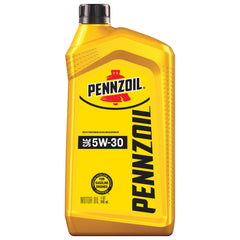 Pennzoil 5W-30 motor oil bottle on shelf ready for vehicle maintenance.