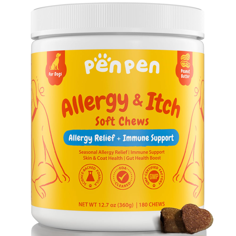 PENPEN: bouteille et friandises allergie chien, soutien potentiel quotidien.