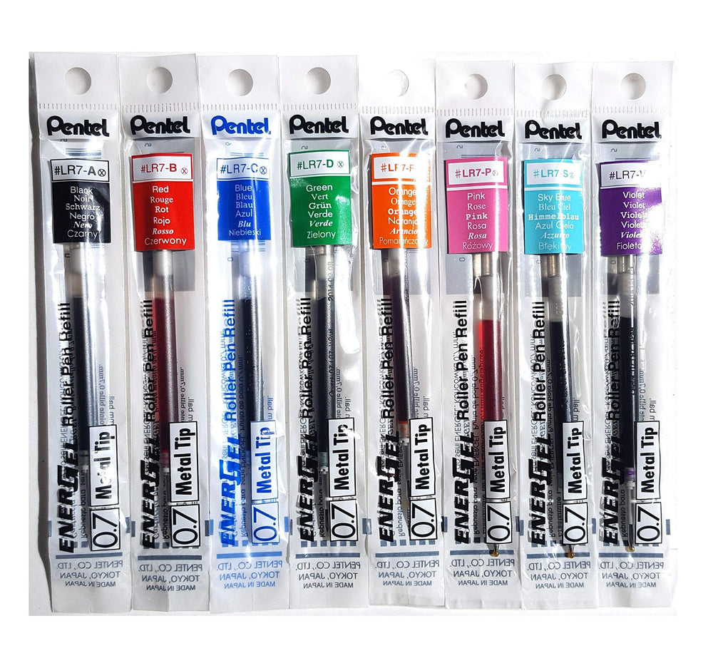 Pentel LR7 EnerGel refills with 0.7mm metal tip for smooth, fast-drying writing.