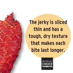 People's Choice Beef Jerky hot-spicy texture closeup highlights fiery chili and pepper notes for heat lovers.