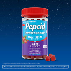 Close-up of Pepcid gummies showing strawberry flavor and soft texture.