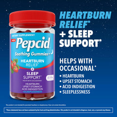 Pepcid Soothing Gummies strawberry flavor in a nighttime setting.