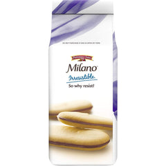 Three-pack display of Milano Double Milk Chocolate cookies on a kitchen surface.