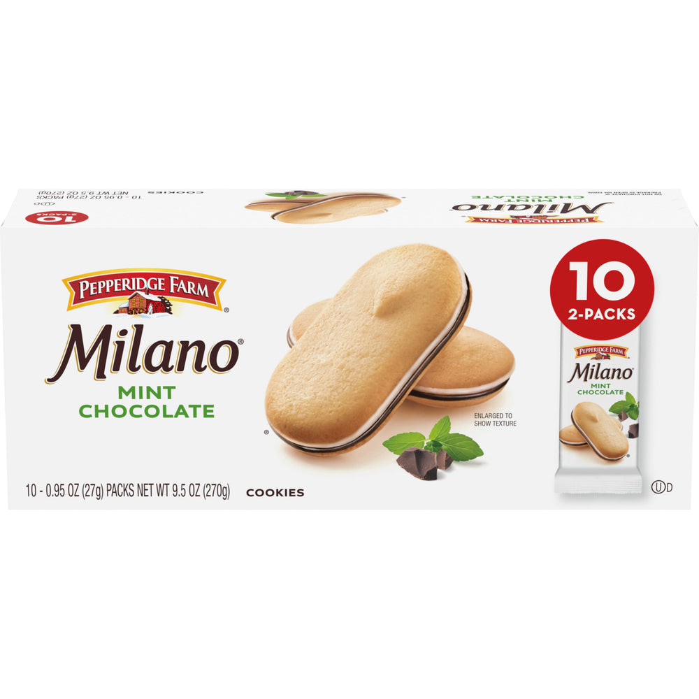 Pepperidge Farm Milano Mint pack front: quick indulgence for busy days.