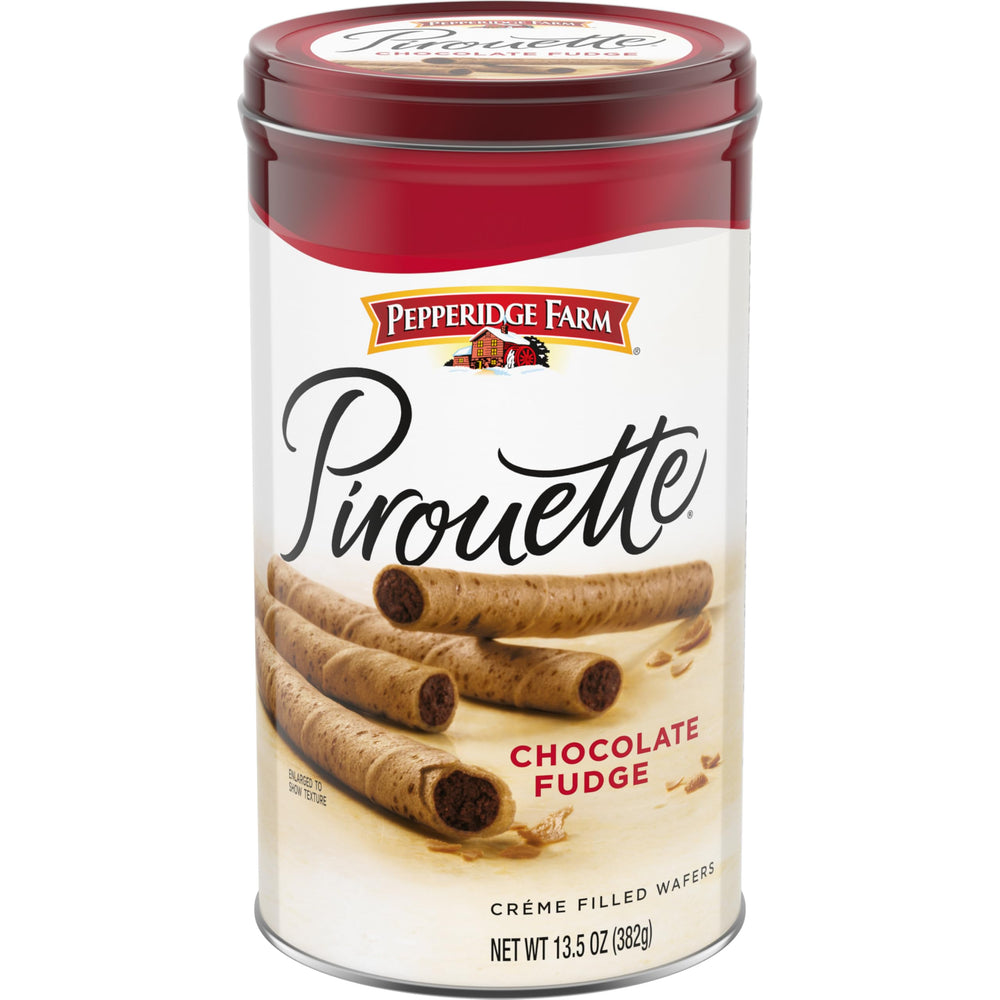 Pepperidge Farm Pirouette Cookies pack shot with premium tin packaging.