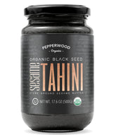 Pepperwood Organics black sesame tahini jar front showing rich color and premium packaging