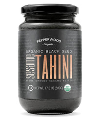 Pepperwood Organics black sesame tahini jar front showing rich color and premium packaging