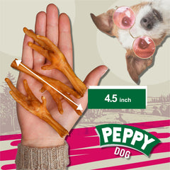 Close view of crispy, dehydrated PEPPY DOG chicken feet