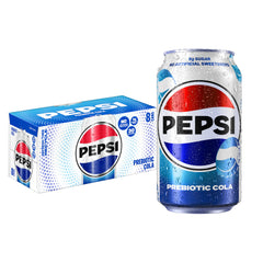 Pepsi Prebiotic Cola can front view, ideal for casual refreshment.