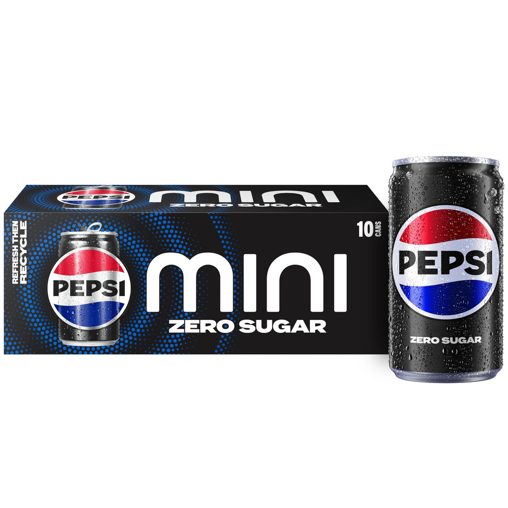 Pepsi Zero Sugar mini can pack with ten cans for on-the-go refreshment.