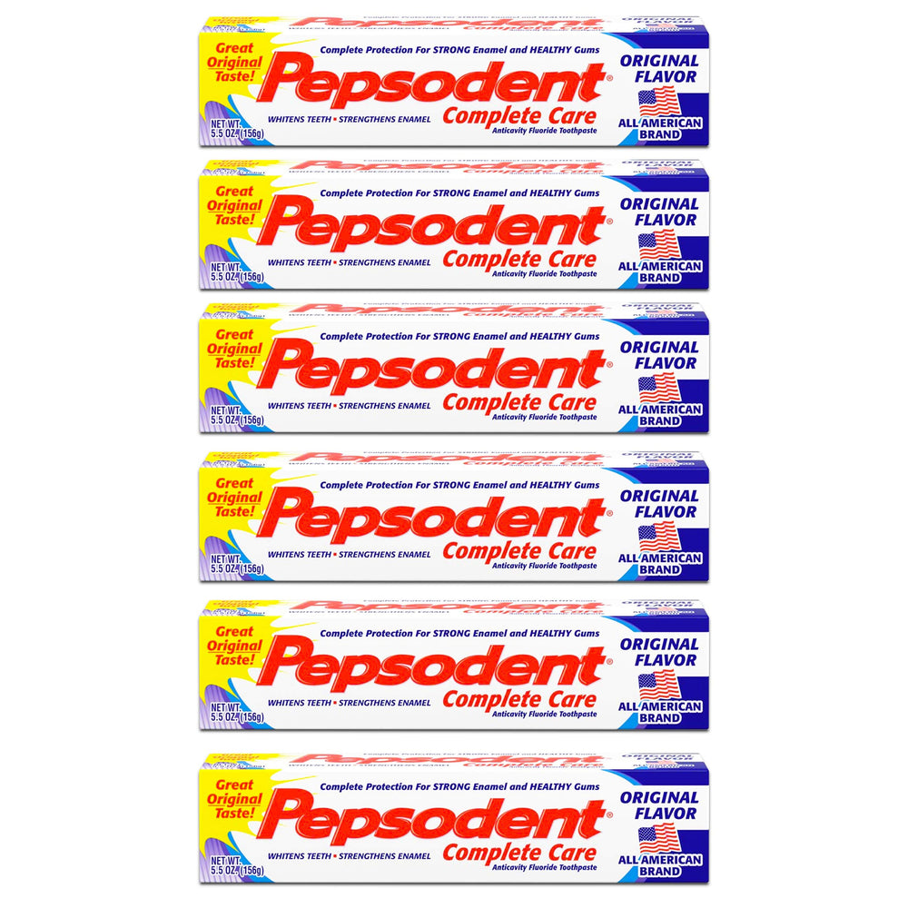 Pepsodent Complete Care toothpaste tube beside a toothbrush, supporting whitening through daily brushing.