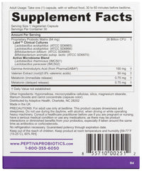 Peptiva label closeup highlights multi-strain probiotic matrix and melatonin.
