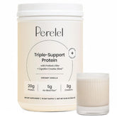 Perelel Triple-Support protein bottle with vanilla flavor for daily nourishment and on-the-go fuel.