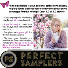 Perfect Samplers dark roast pod variety pack label close-up featuring branding and packaging.