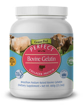 Perfect Supplements bovine gelatin jar label with 660g tub for easy daily use.