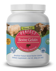 Perfect Supplements bovine gelatin jar label with 660g tub for easy daily use.