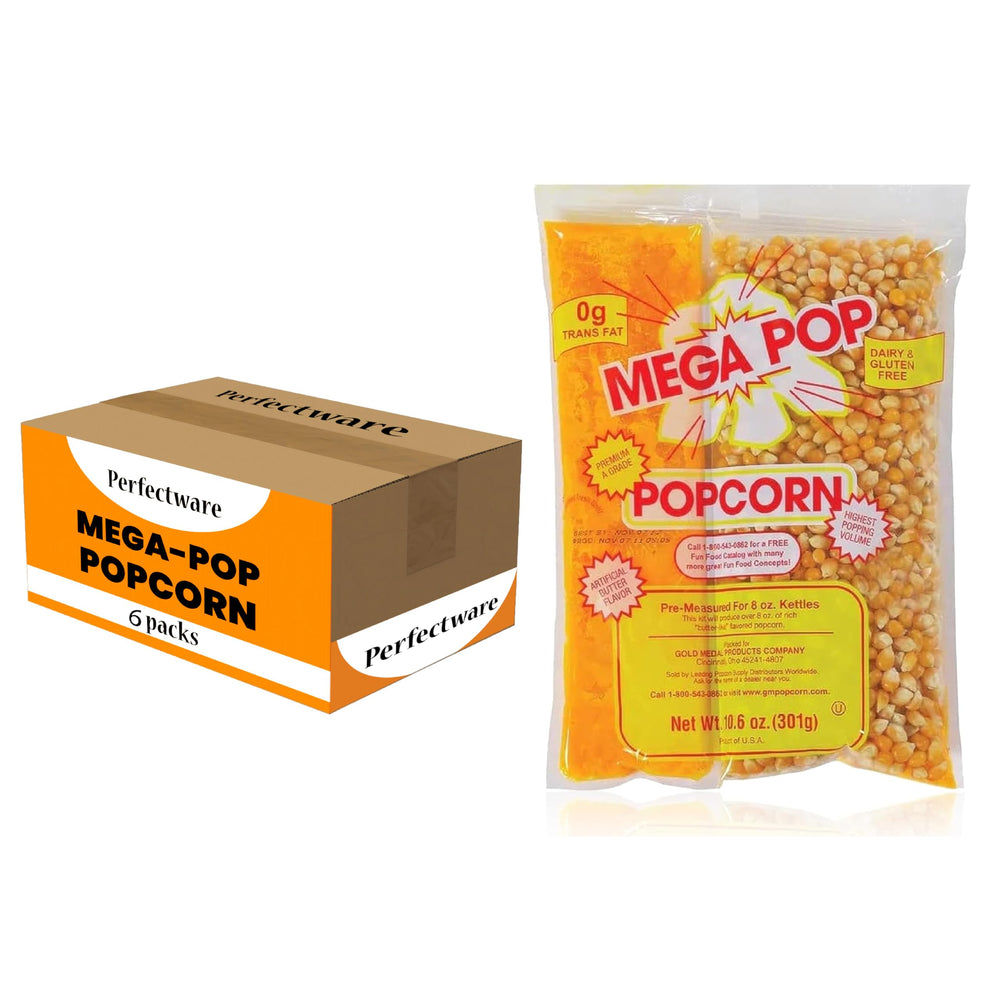 Perfectware 6-count popcorn portion packs for 8oz kettles, consistent portions.