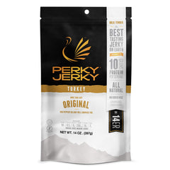 Perky Jerky Original Turkey Jerky 14oz bag, bold flavor for on-the-go snacking.