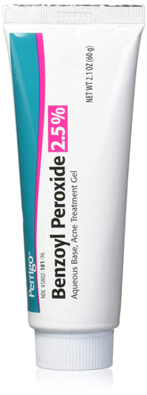 Perrigo benzoyl peroxide 2.5% gel 60 g tube front view highlighting packaging and purpose