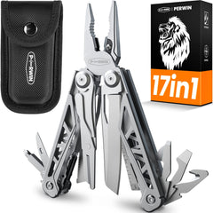 PERWIN 17-in-1 multitool pliers close-up showing versatile plier heads for tasks