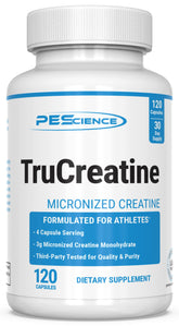 PEScience TruCreatine bottle with capsules highlighting endurance support for athletes.