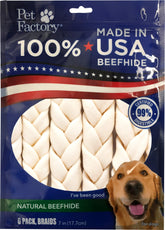 Pet Factory beefhide braid stick 7inch close-up showing thick, durable chew for medium dogs.