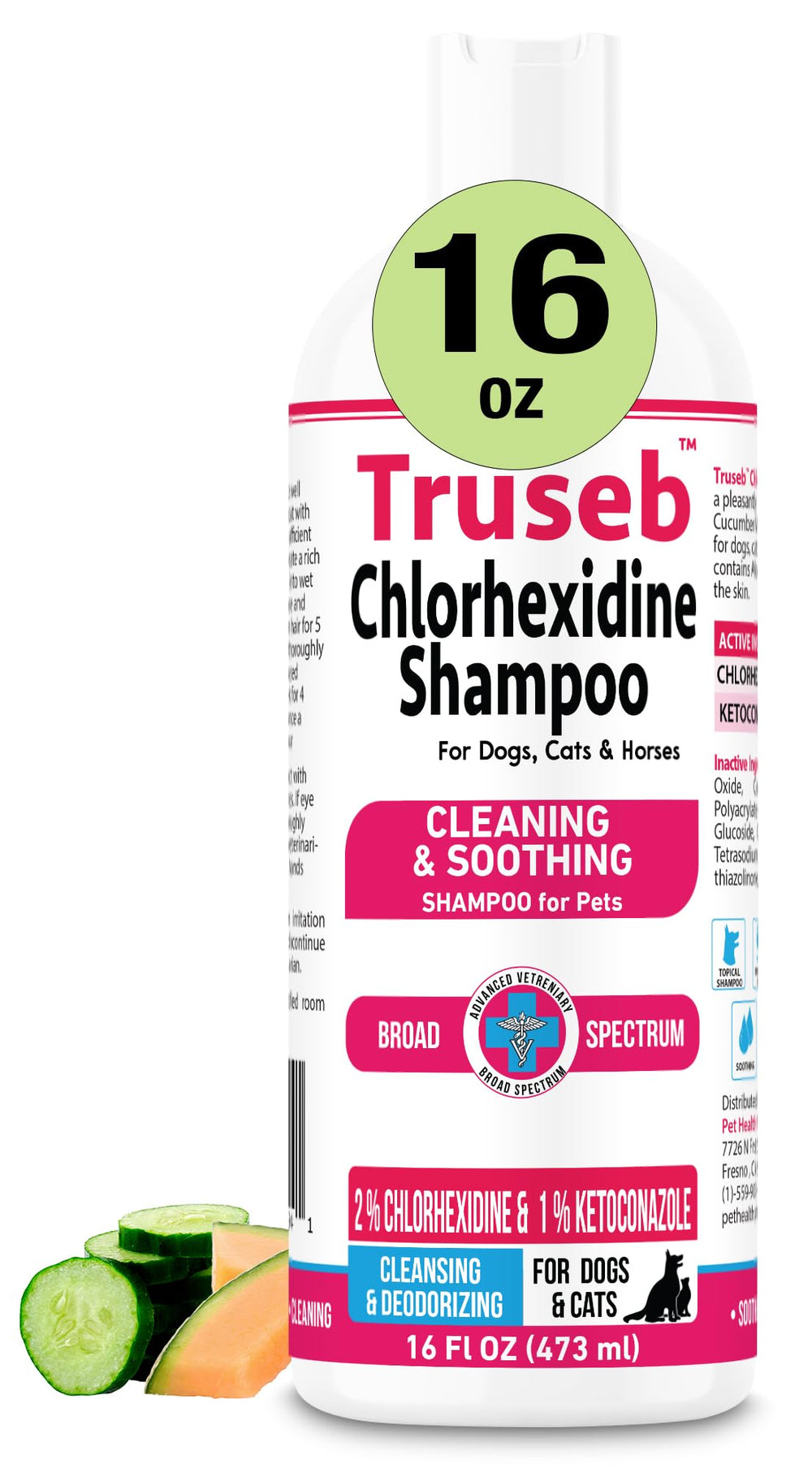 Pet Health Pharma Truseb shampoo bottle (16 oz) for gentle cleansing and deodorizing fur.