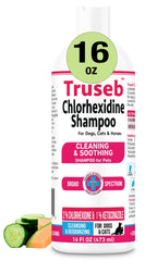 Pet Health Pharma Truseb shampoo bottle (16 oz) for gentle cleansing and deodorizing fur.