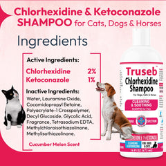Truseb shampoo lather on a pet coat demonstrates cleansing action and pleasant scent.