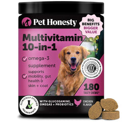 Pet Honesty 10-in-1 dog multivitamin bottle for daily wellness.