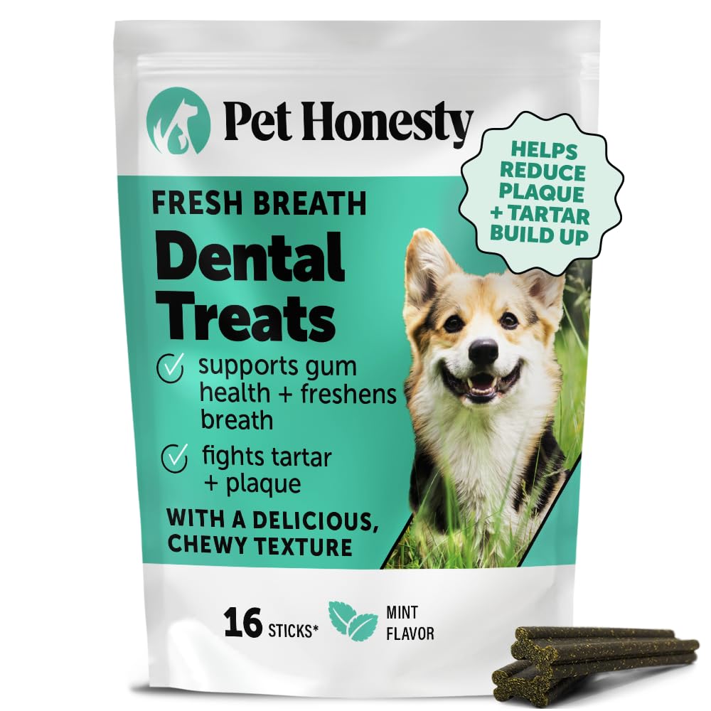 Pet Honest Fresh Breath Dental Sticks packaging suggests easy dental care.