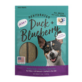 Pet Jerky Factory – sachet canard-myrtille ouvert, saveur naturelle idéale pour récompenser