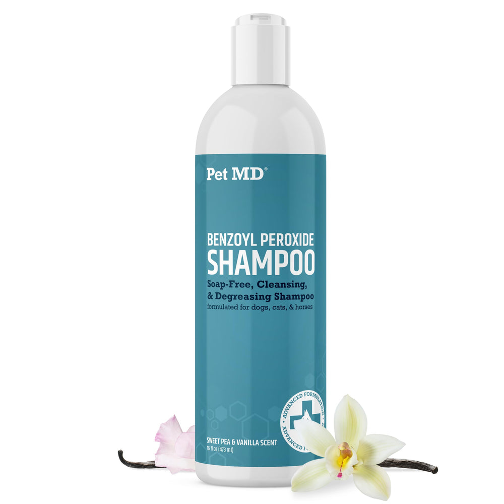 Pet MD Benzoyl Peroxide Medicated Shampoo bottle pour demonstrates cleansing action.