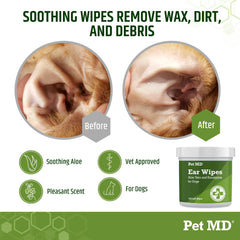 Pet MD dog ear wipes closeup of aloe and eucalyptus for soothing cleansing