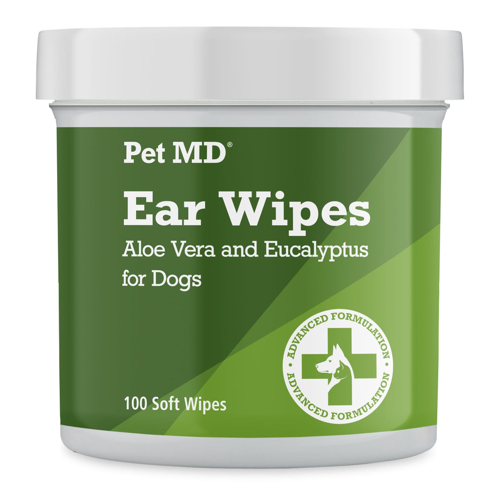 Pet MD dog ear wipes packaging showing a 100-count box for easy home care
