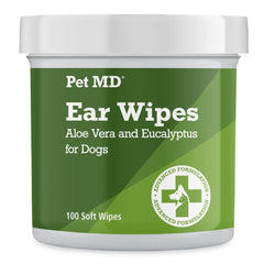 Pet MD dog ear wipes packaging showing a 100-count box for easy home care