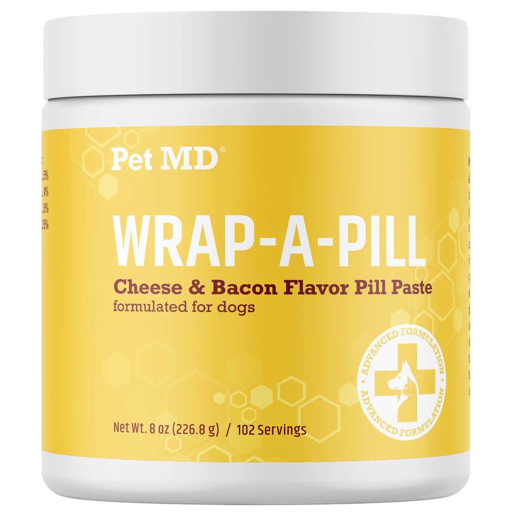 Pet MD Wrap pill paste cheese-bacon flavor in 8oz bottle for easier pill time.