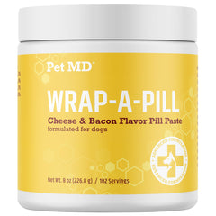 Pet MD Wrap pill paste cheese-bacon flavor in 8oz bottle for easier pill time.